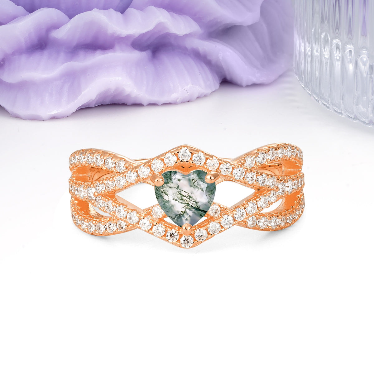 Unique Pavé Setting Surrounding a 3-Prong, Heart-Cut Moss Agate Engagement Ring - Additional view