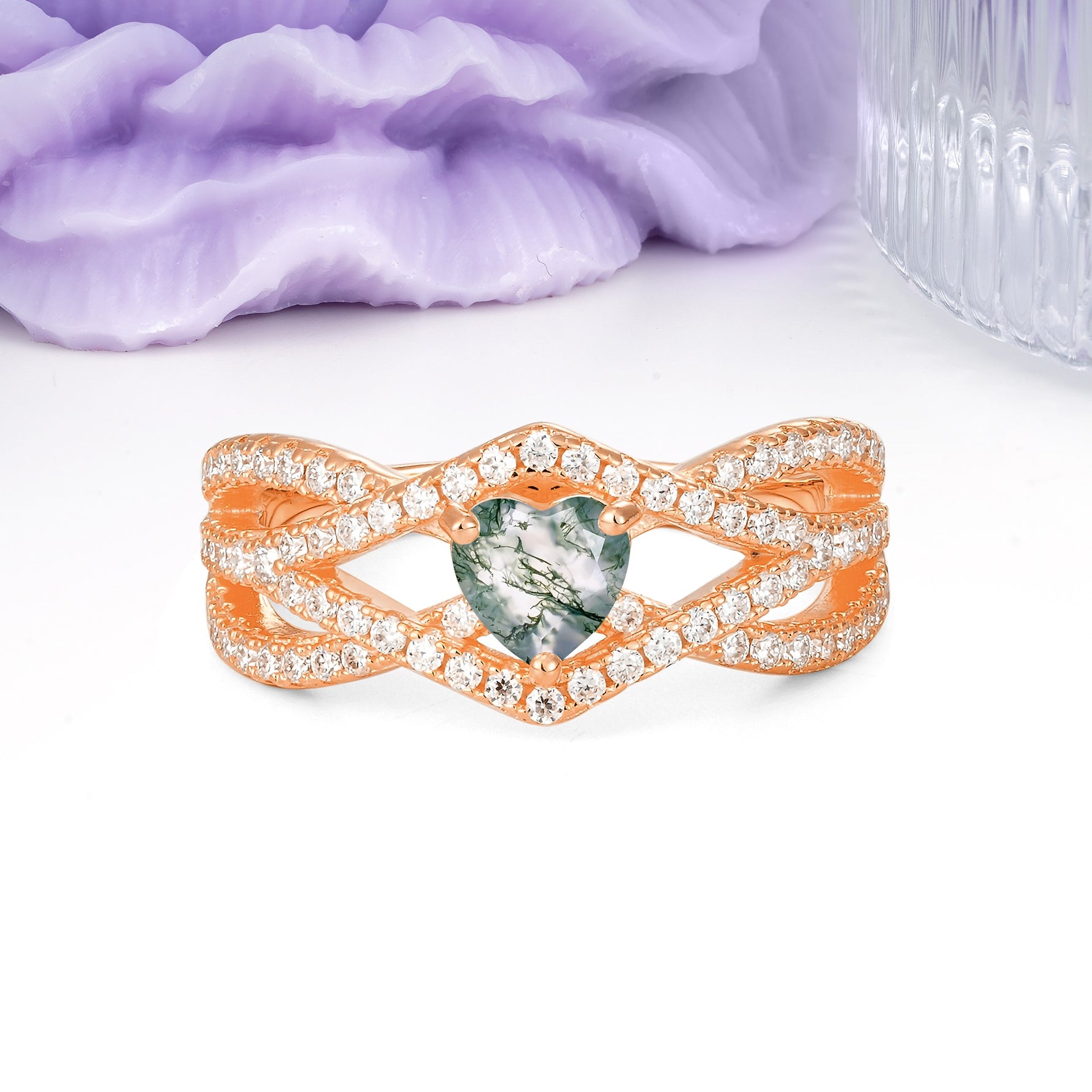Unique Pavé Setting Surrounding a 3-Prong, Heart-Cut Moss Agate Engagement Ring - Additional view