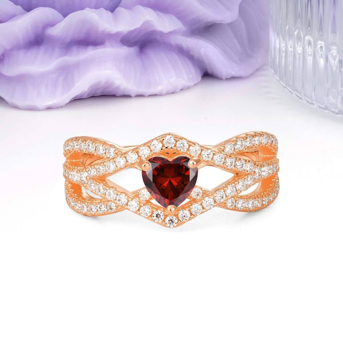 Unique Pavé Setting Surrounding a 3-Prong, Heart-Cut Garnet Engagement Ring - Additional view