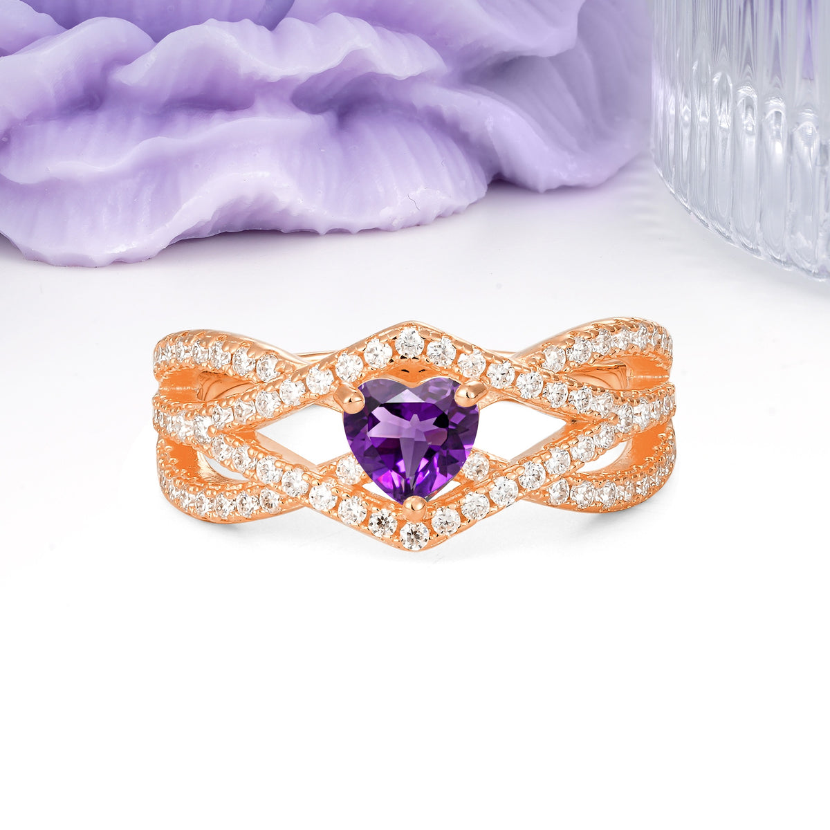 Unique Pavé Setting Surrounding a 3-Prong, Heart-Cut Amethyst Engagement Ring - Additional view