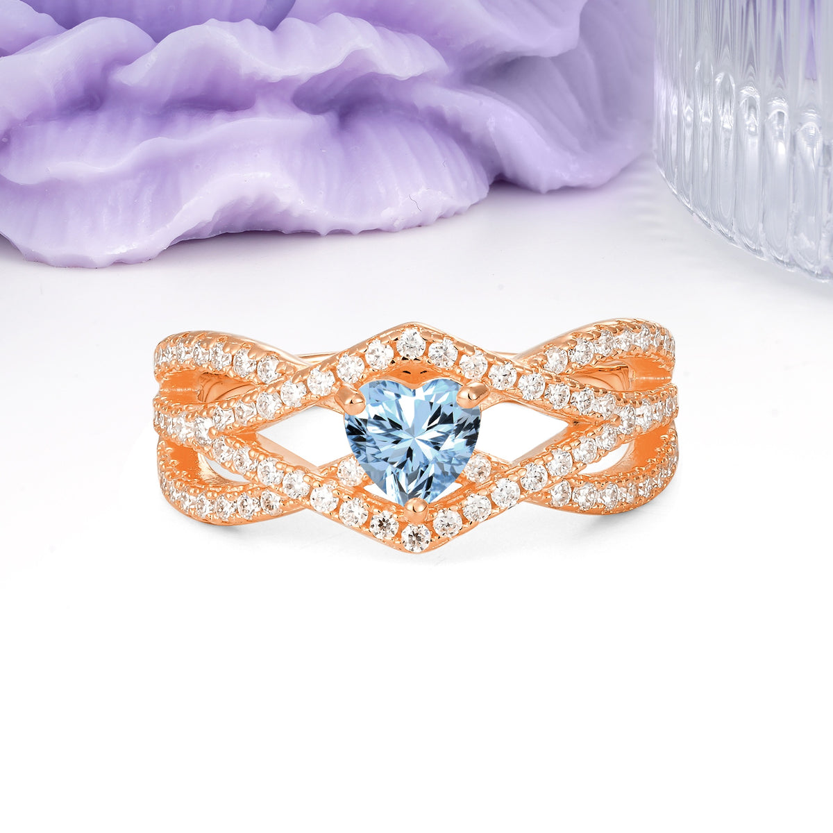 Unique Pavé Setting Surrounding a 3-Prong, Heart-Cut Aquamarine Engagement Ring - Additional view