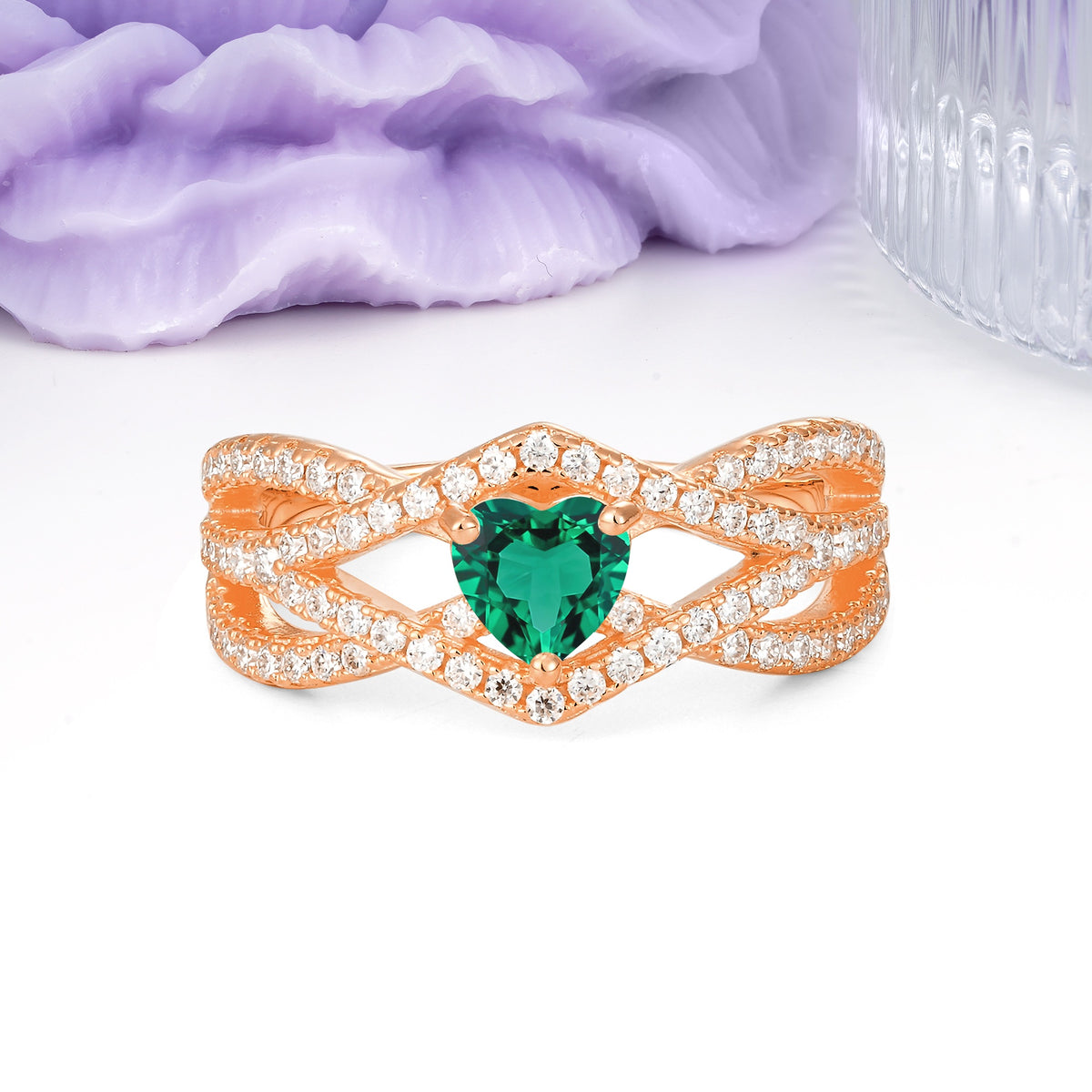 Unique Pavé Setting Surrounding a 3-Prong, Heart-Cut Emerald Engagement Ring - Additional view
