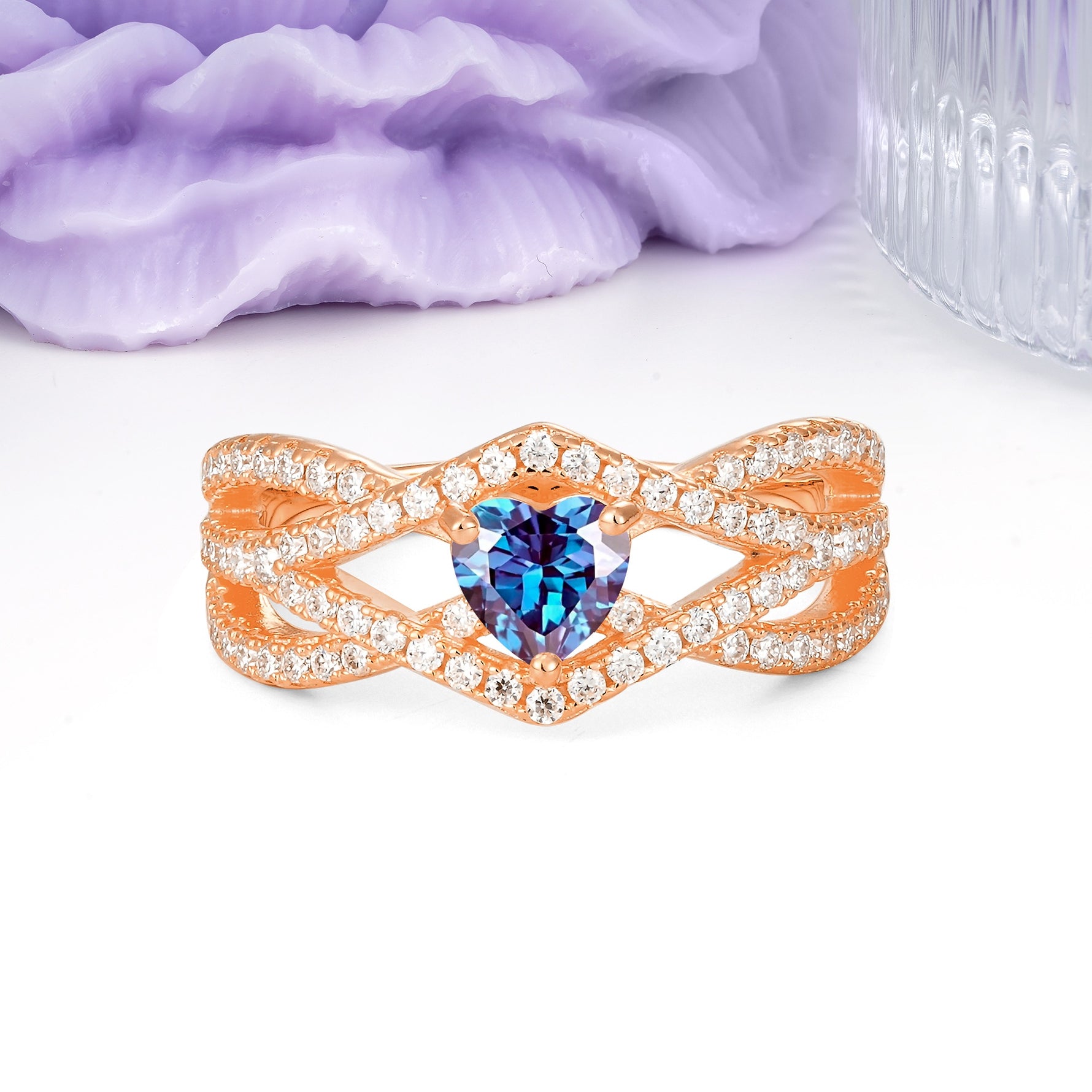 Unique Pavé Setting Surrounding a 3-Prong, Heart-Cut Alexandrite Engagement Ring - Additional view