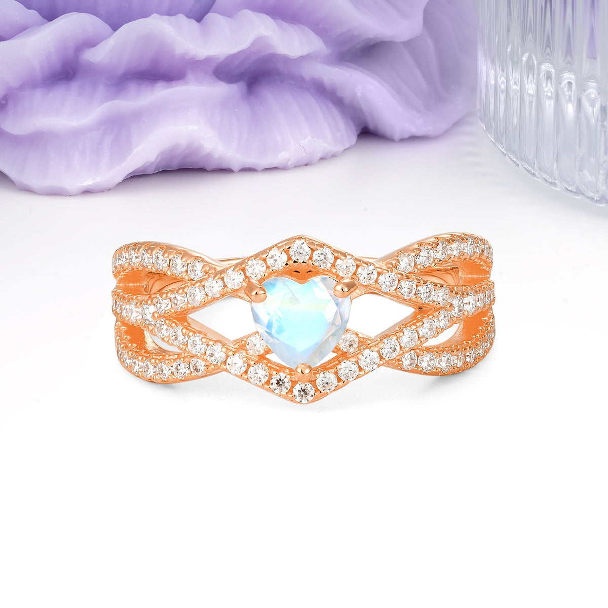 Unique Pavé Setting Surrounding a 3-Prong, Heart-Cut Moonstone Engagement Ring - Additional view