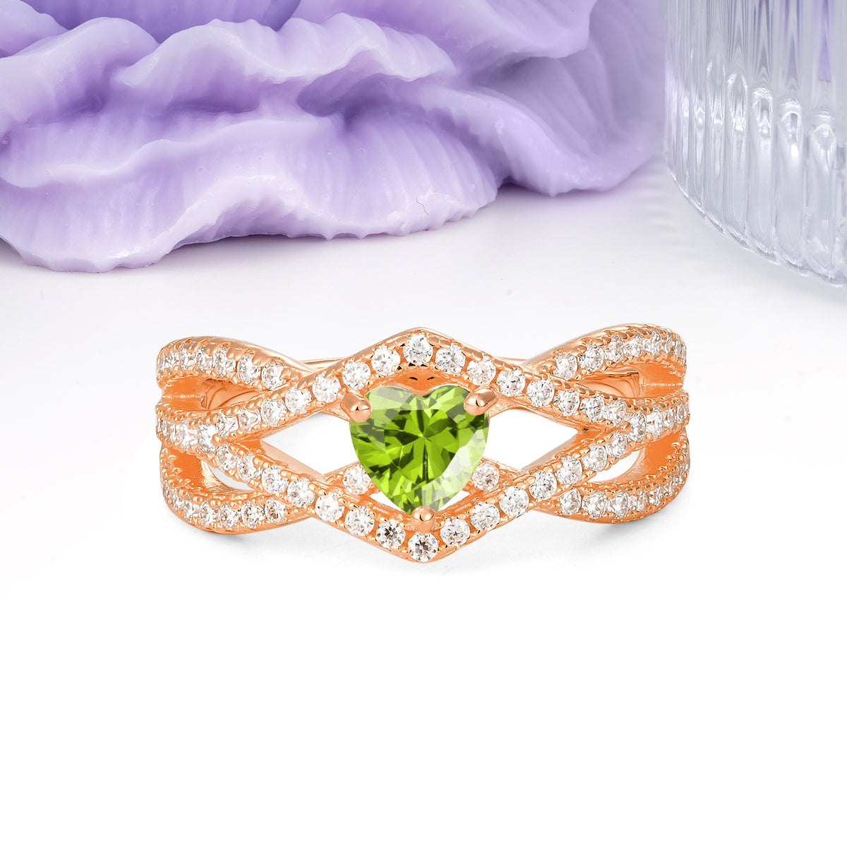 Unique Pavé Setting Surrounding a 3-Prong, Heart-Cut Peridot Engagement Ring - Additional view