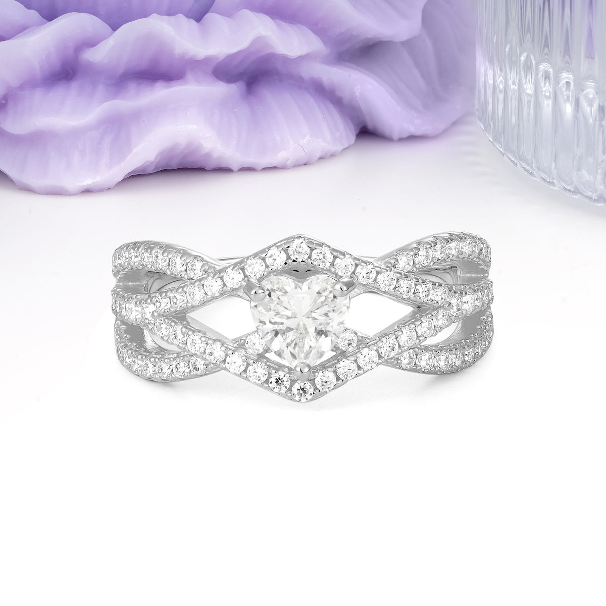 Unique Pavé Setting Surrounding a 3-Prong, Heart-Cut Moissanite Engagement Ring - Additional view