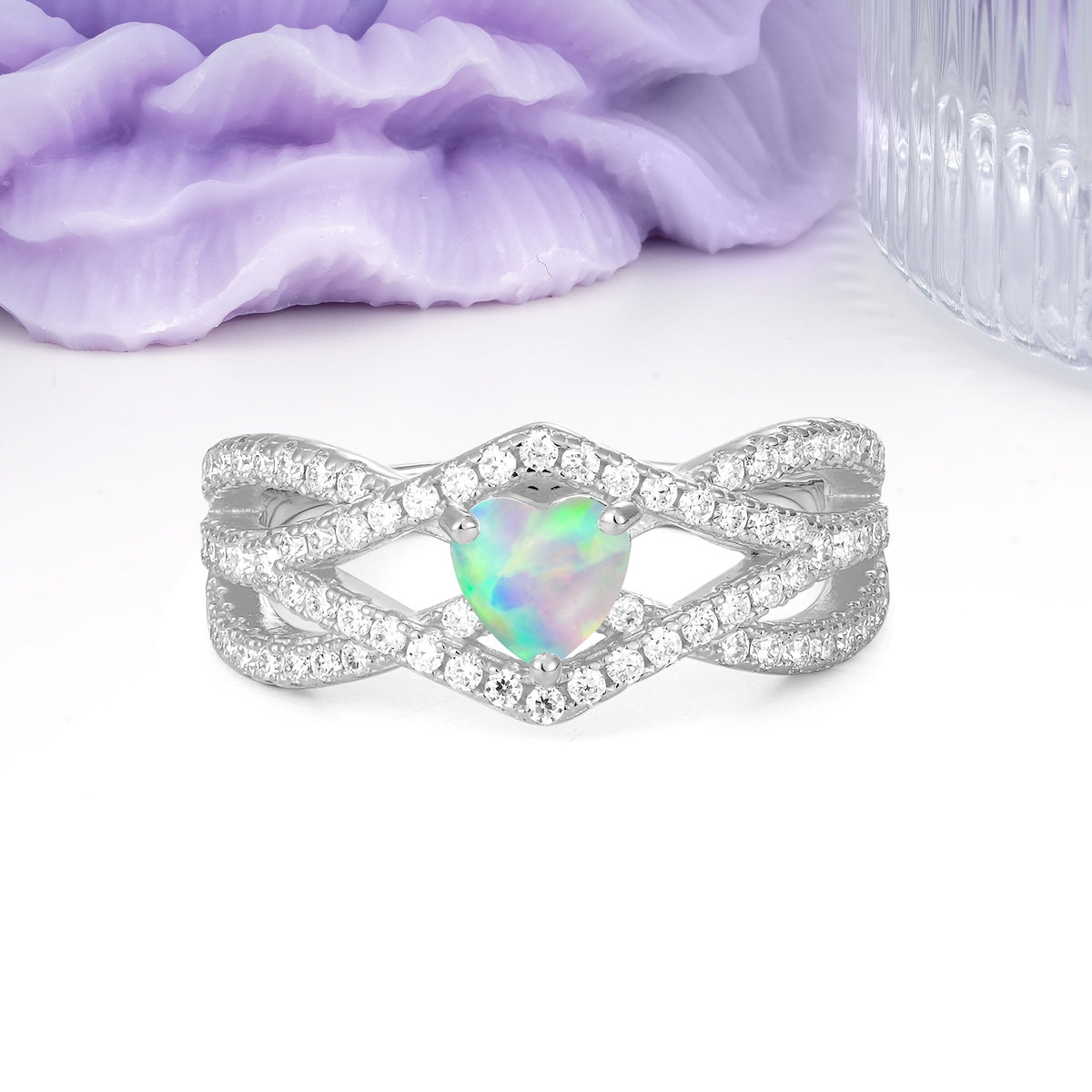 Unique Pavé Setting Surrounding a 3-Prong, Heart-Cut Fire Opal Engagement Ring - Additional view