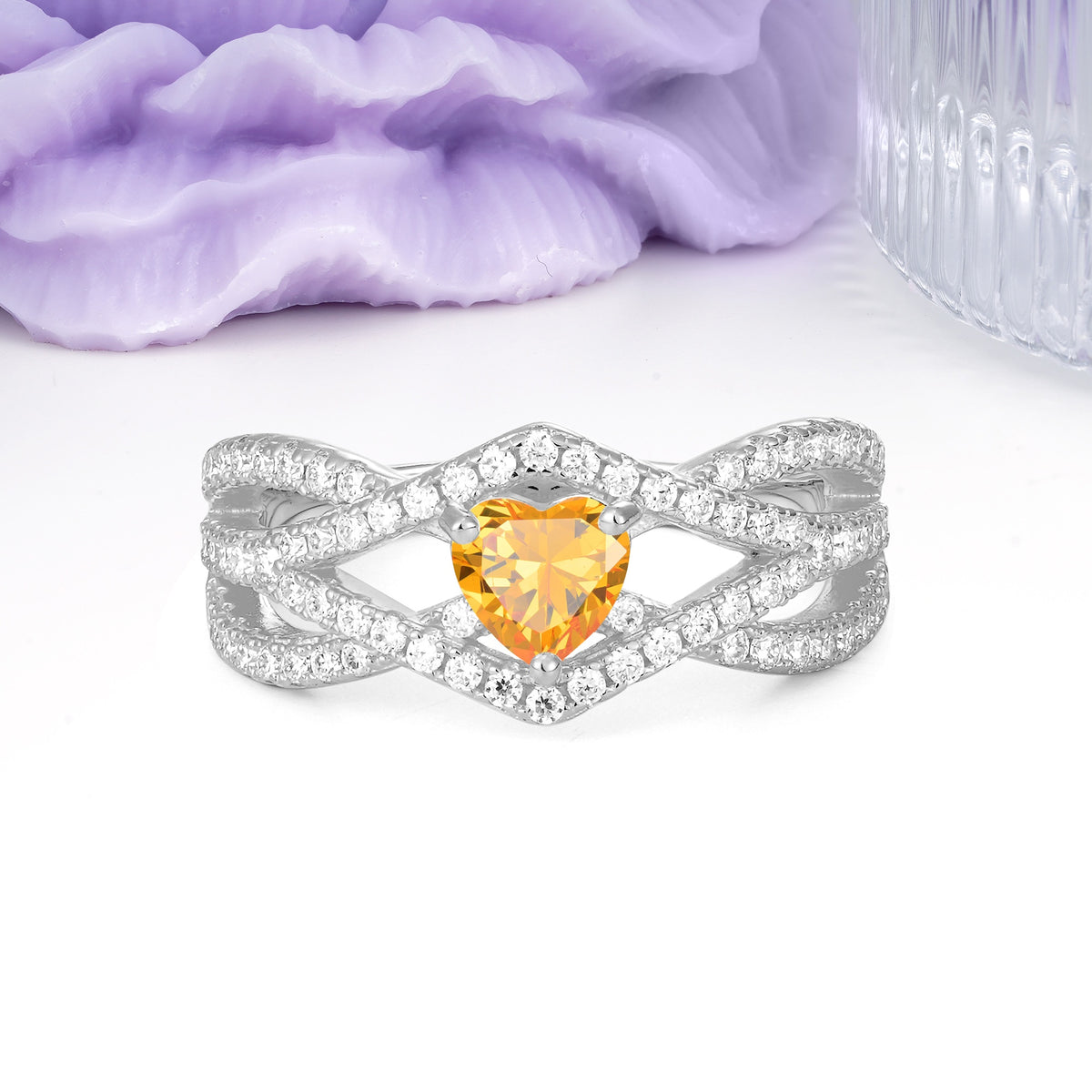 Unique Pavé Setting Surrounding a 3-Prong, Heart-Cut Citrine Engagement Ring - Additional view