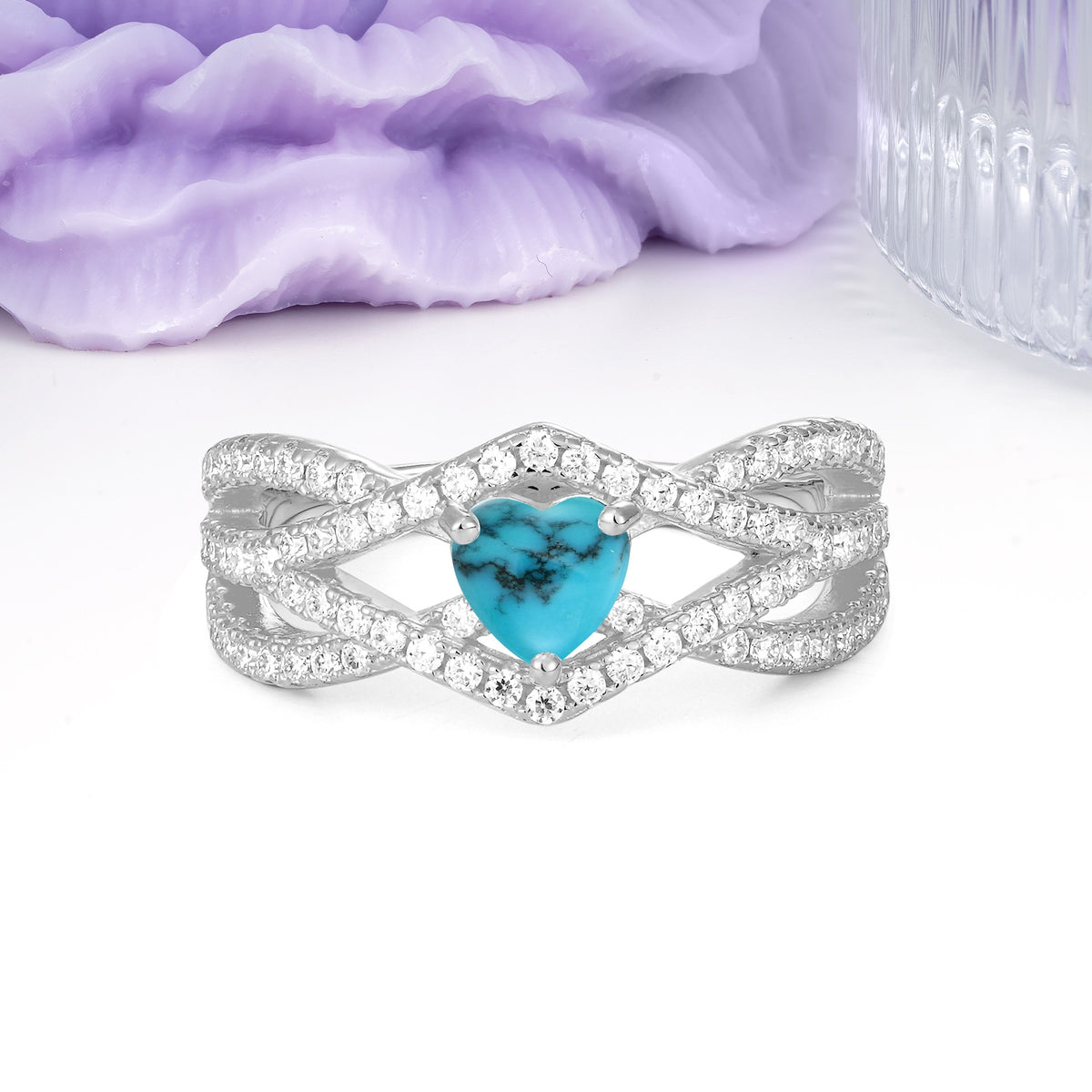 Unique Pavé Setting Surrounding a 3-Prong, Heart-Cut Turquoise Engagement Ring - Additional view