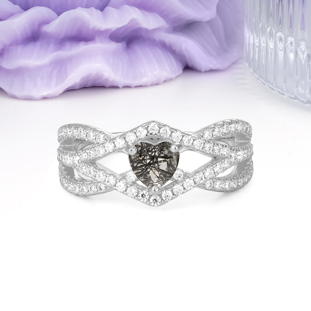Unique Pavé Setting Surrounding a 3-Prong, Heart-Cut Black Rutilated Quartz Engagement Ring - Additional view