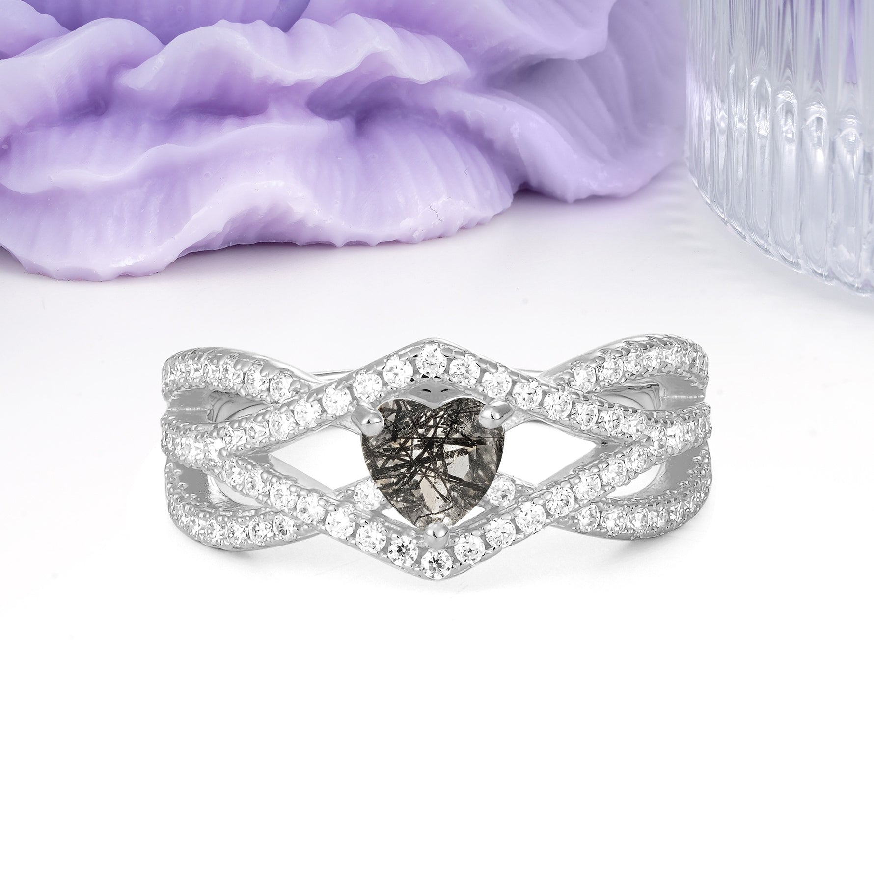 Unique Pavé Setting Surrounding a 3-Prong, Heart-Cut Black Rutilated Quartz Engagement Ring - Additional view