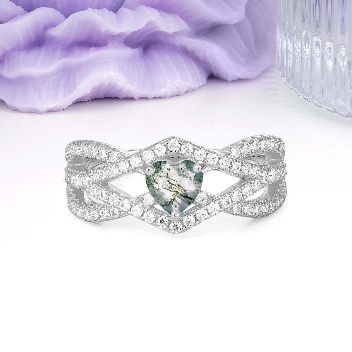Unique Pavé Setting Surrounding a 3-Prong, Heart-Cut Moss Agate Engagement Ring - Additional view