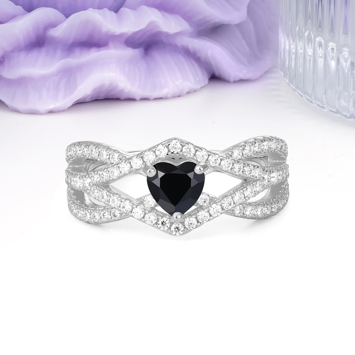 Unique Pavé Setting Surrounding a 3-Prong, Heart-Cut Black Onyx Engagement Ring - Additional view