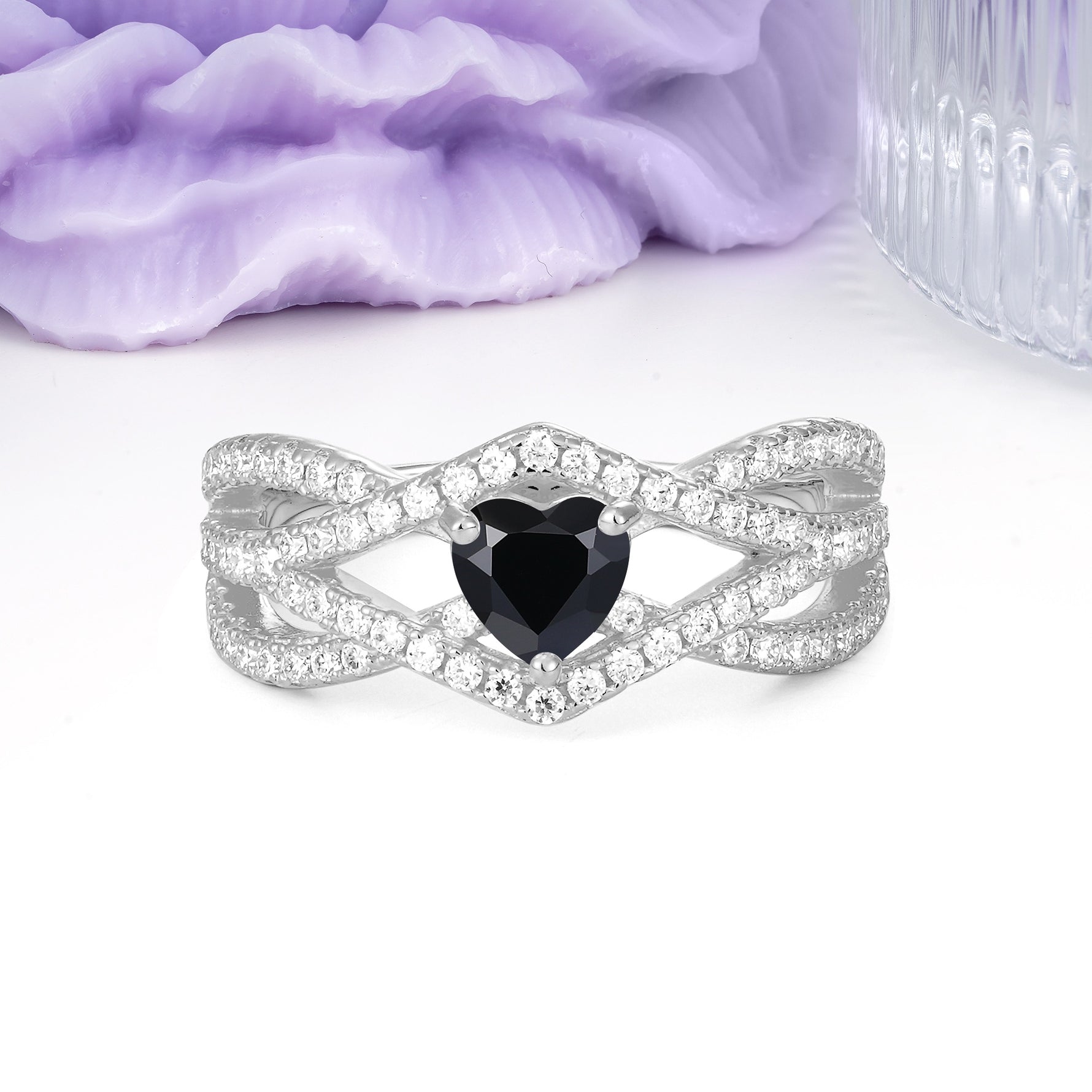 Unique Pavé Setting Surrounding a 3-Prong, Heart-Cut Black Onyx Engagement Ring - Additional view