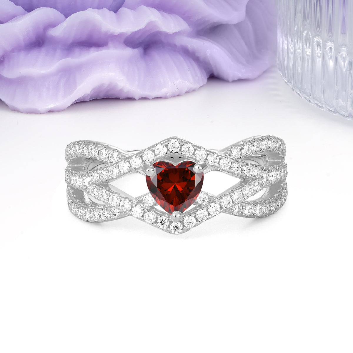 Unique Pavé Setting Surrounding a 3-Prong, Heart-Cut Garnet Engagement Ring - Additional view