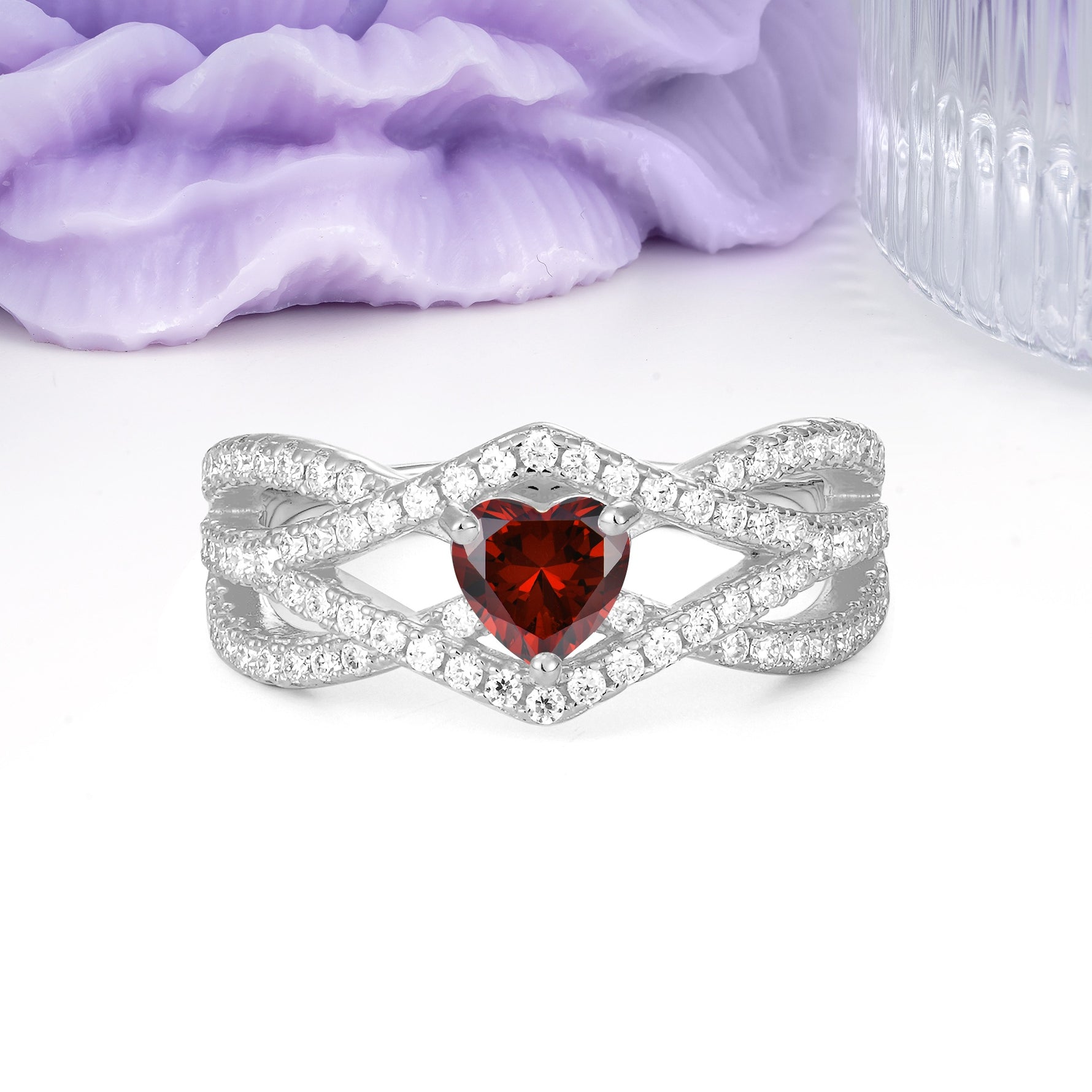 Unique Pavé Setting Surrounding a 3-Prong, Heart-Cut Garnet Engagement Ring - Additional view