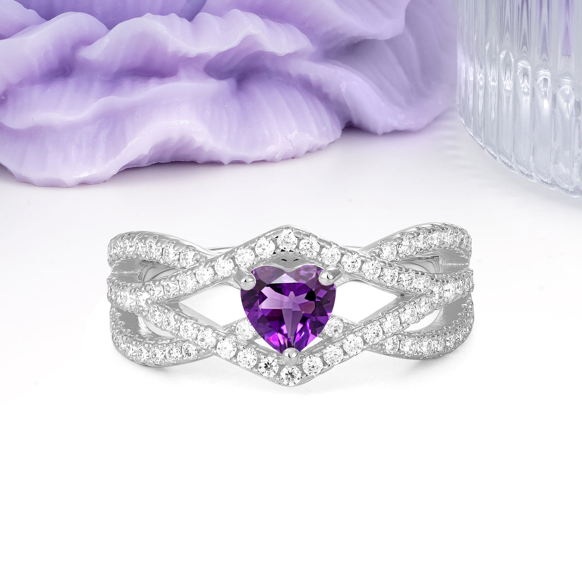 Unique Pavé Setting Surrounding a 3-Prong, Heart-Cut Amethyst Engagement Ring - Additional view