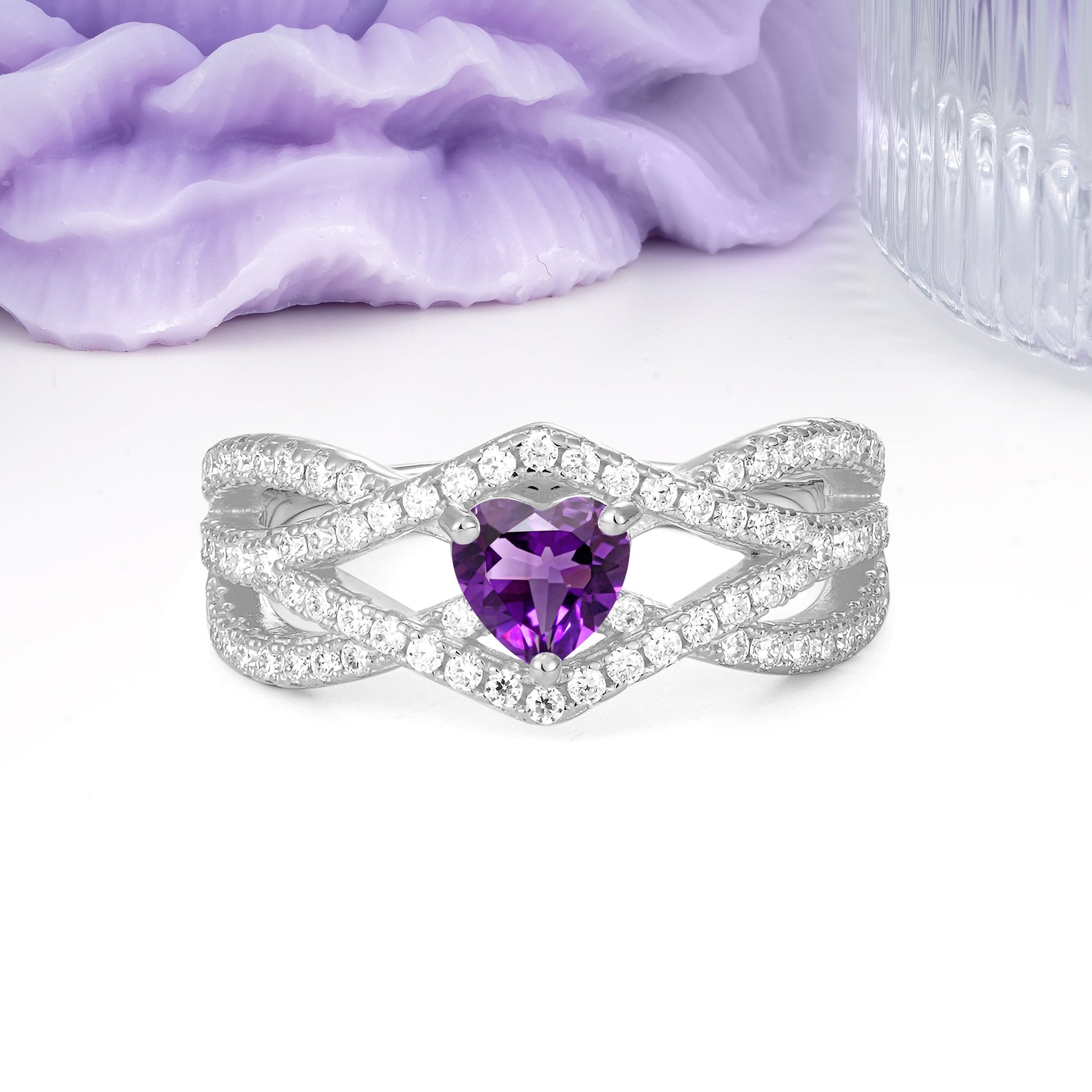 Unique Pavé Setting Surrounding a 3-Prong, Heart-Cut Amethyst Engagement Ring - Additional view