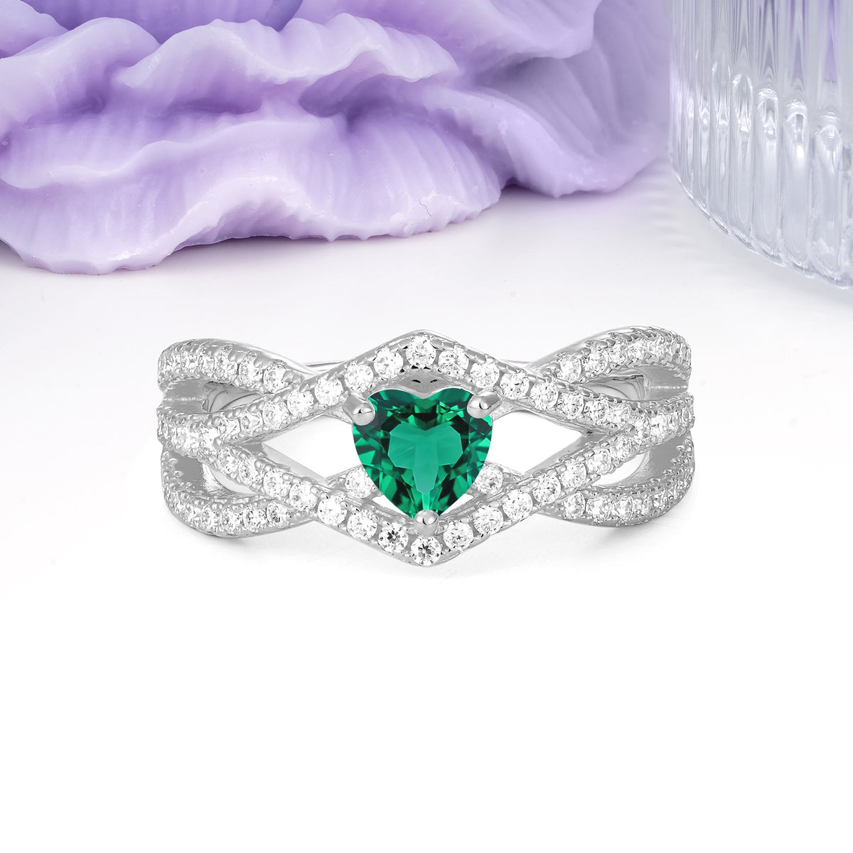 Unique Pavé Setting Surrounding a 3-Prong, Heart-Cut Emerald Engagement Ring - Additional view