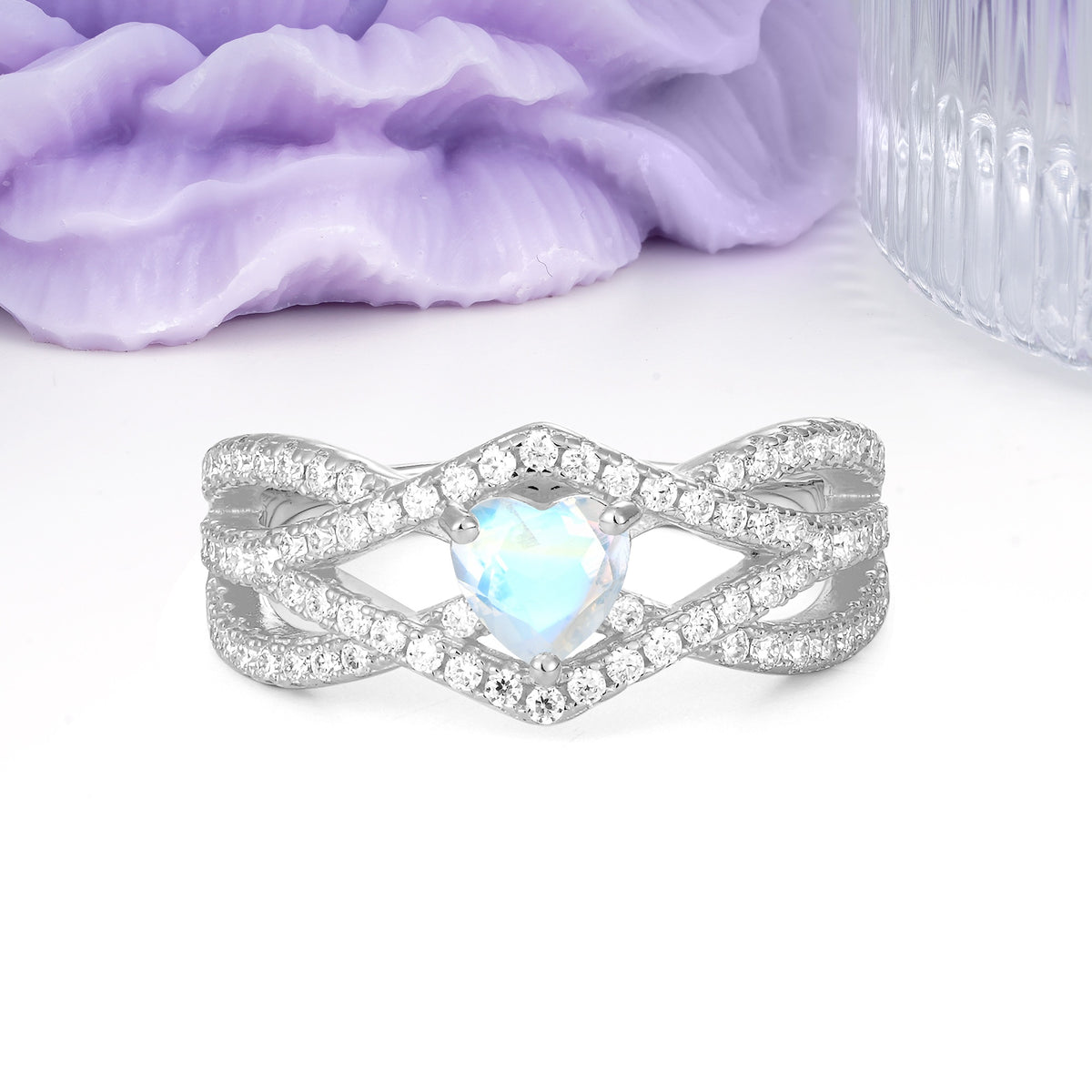 Unique Pavé Setting Surrounding a 3-Prong, Heart-Cut Moonstone Engagement Ring - Additional view