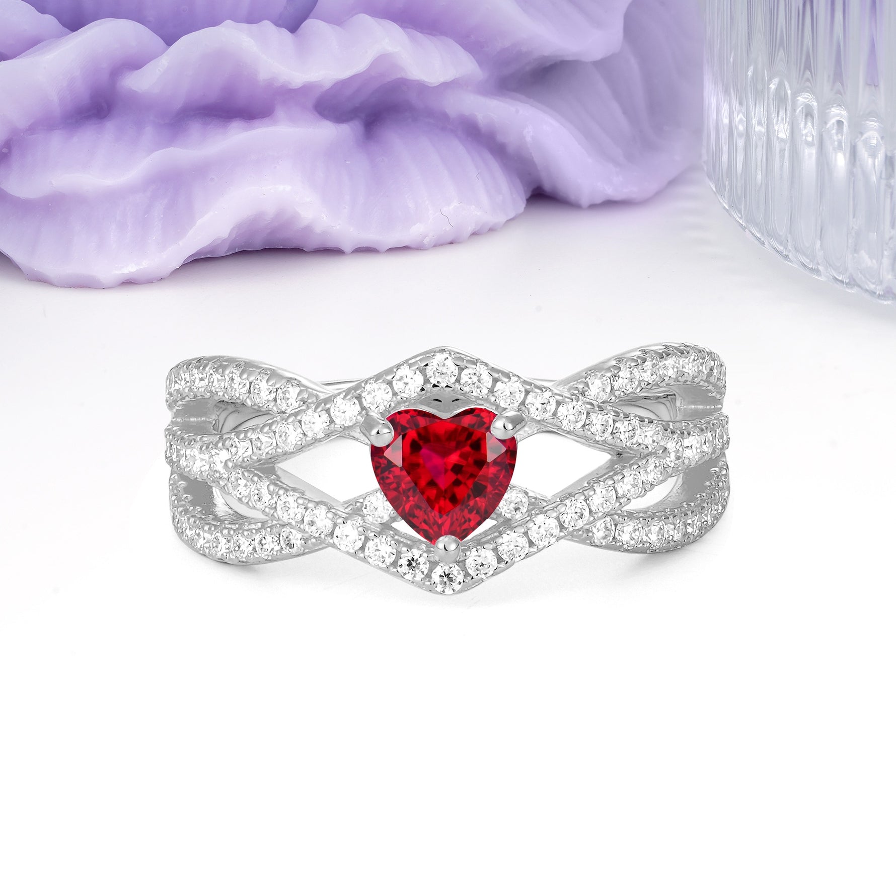 Unique Pavé Setting Surrounding a 3-Prong, Heart-Cut Ruby Engagement Ring - Additional view