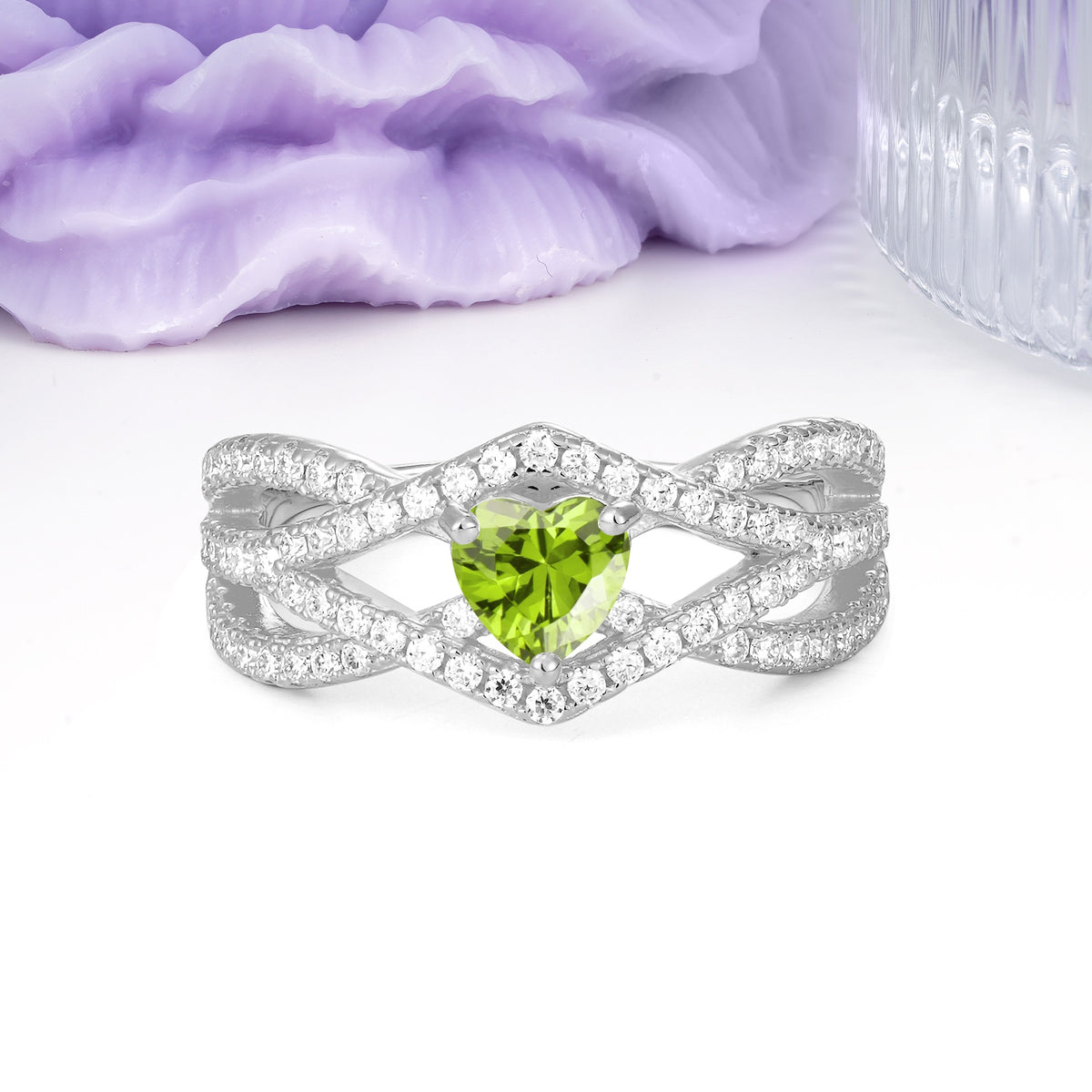 Unique Pavé Setting Surrounding a 3-Prong, Heart-Cut Peridot Engagement Ring - Additional view