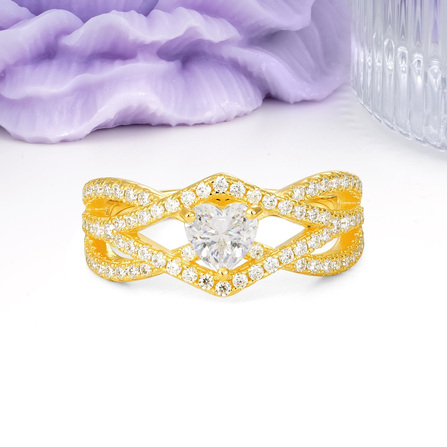 Unique Pavé Setting Surrounding a 3-Prong, Heart-Cut Moissanite Engagement Ring - Additional view