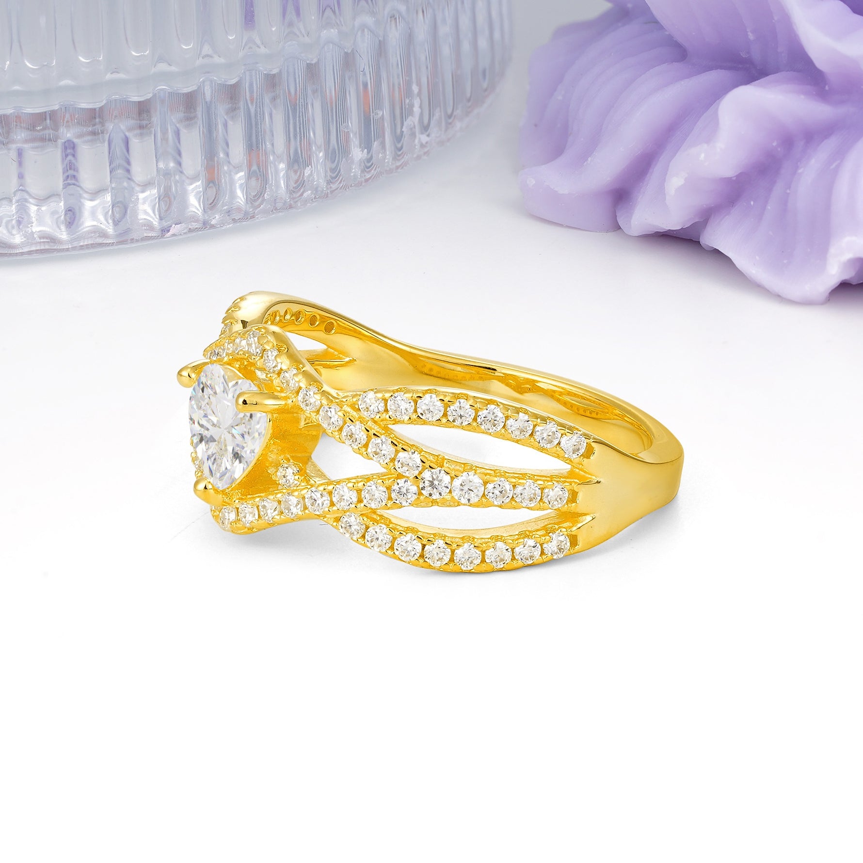 Unique Pavé Setting Surrounding a 3-Prong, Heart-Cut Moissanite Engagement Ring - Additional view