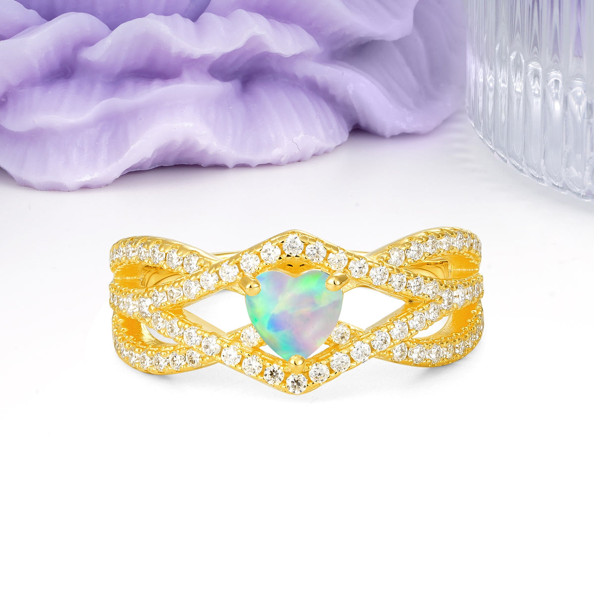 Unique Pavé Setting Surrounding a 3-Prong, Heart-Cut Fire Opal Engagement Ring - Additional view