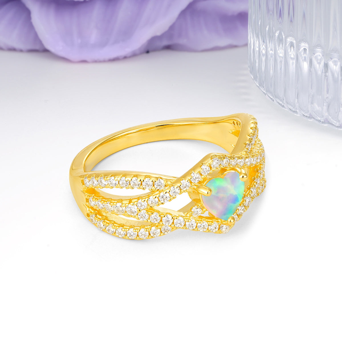 Unique Pavé Setting Surrounding a 3-Prong, Heart-Cut Fire Opal Engagement Ring - Additional view
