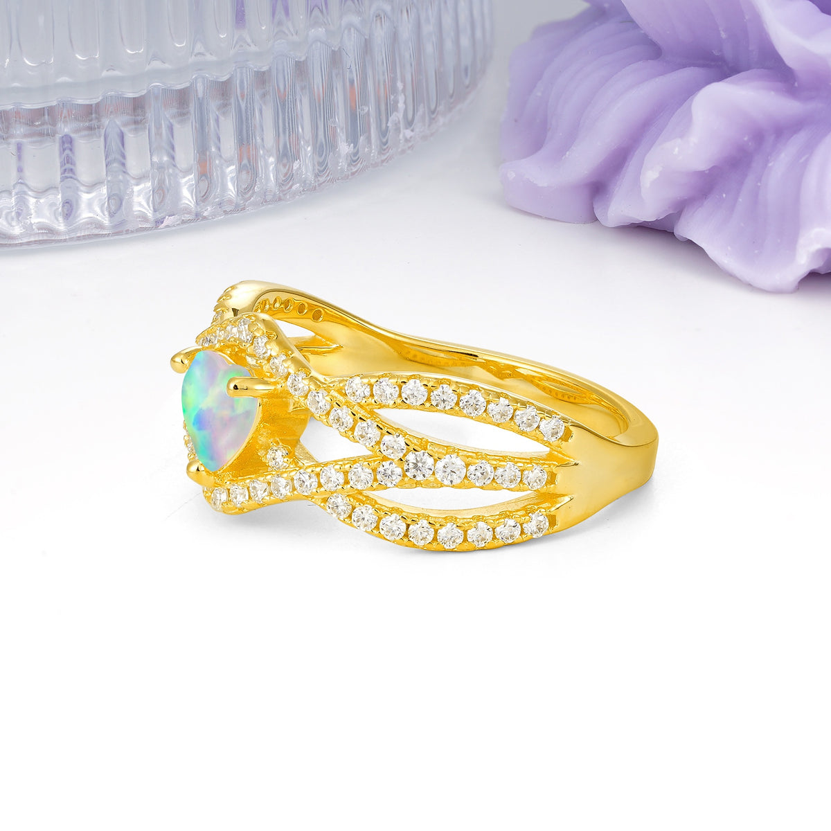 Unique Pavé Setting Surrounding a 3-Prong, Heart-Cut Fire Opal Engagement Ring - Additional view