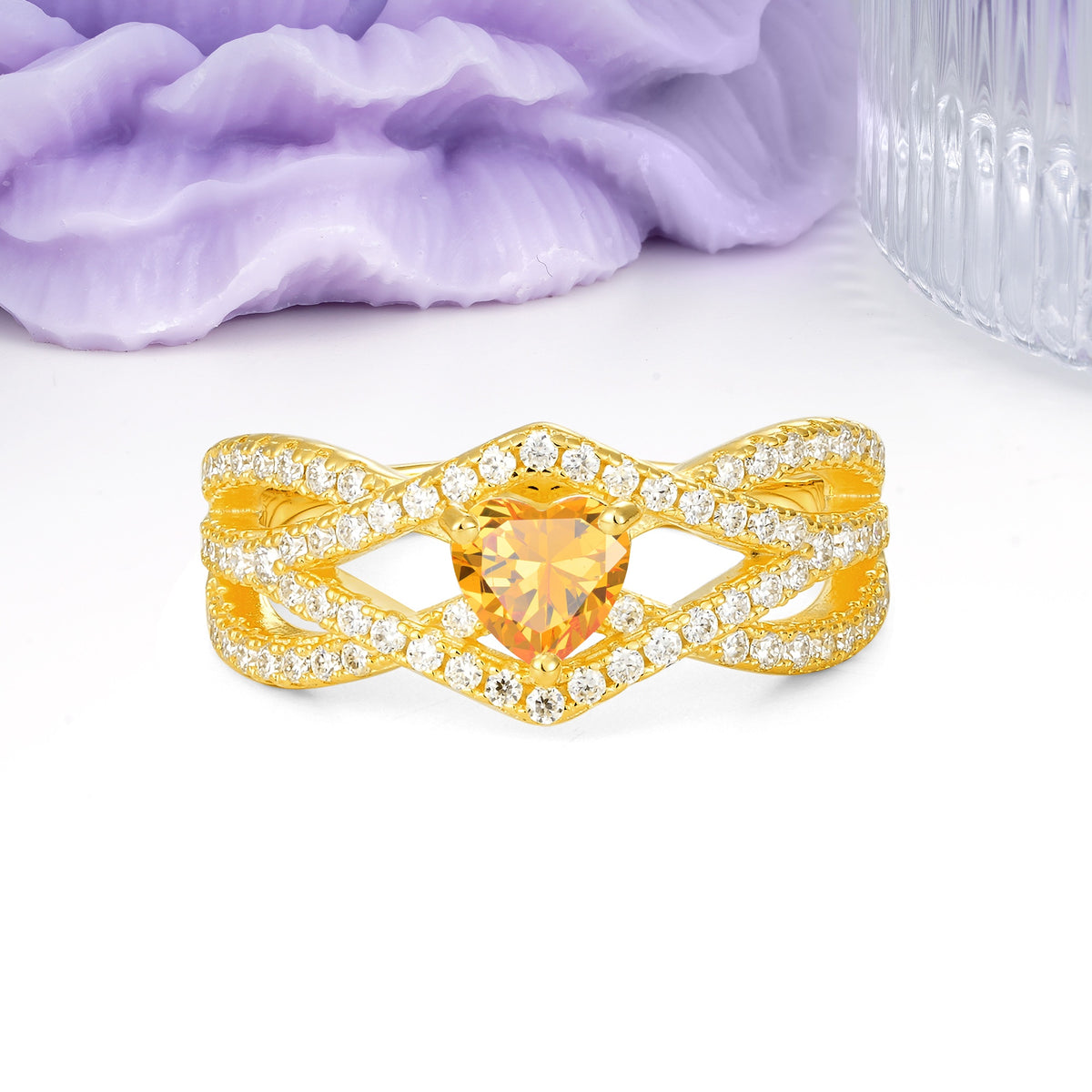 Unique Pavé Setting Surrounding a 3-Prong, Heart-Cut Citrine Engagement Ring - Additional view