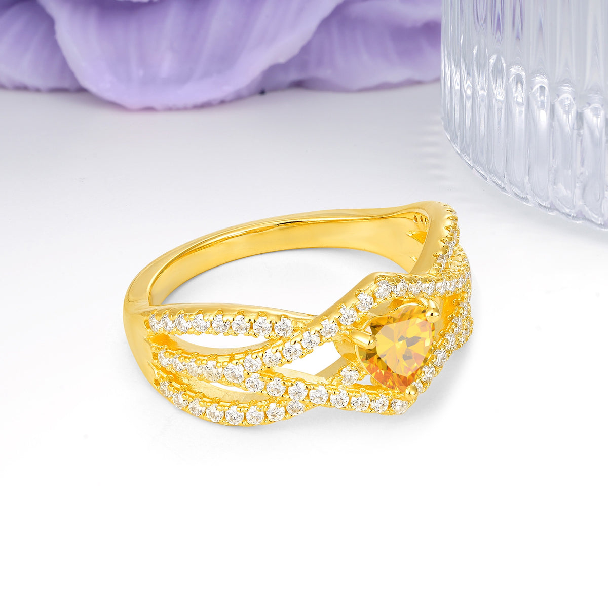 Unique Pavé Setting Surrounding a 3-Prong, Heart-Cut Citrine Engagement Ring - Additional view