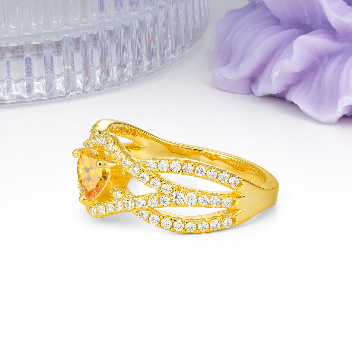 Unique Pavé Setting Surrounding a 3-Prong, Heart-Cut Citrine Engagement Ring - Additional view