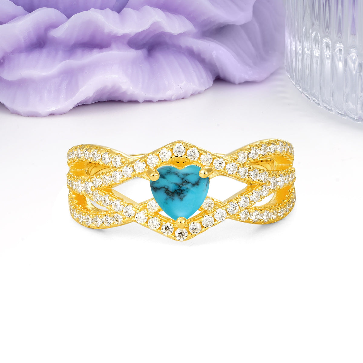 Unique Pavé Setting Surrounding a 3-Prong, Heart-Cut Turquoise Engagement Ring - Additional view