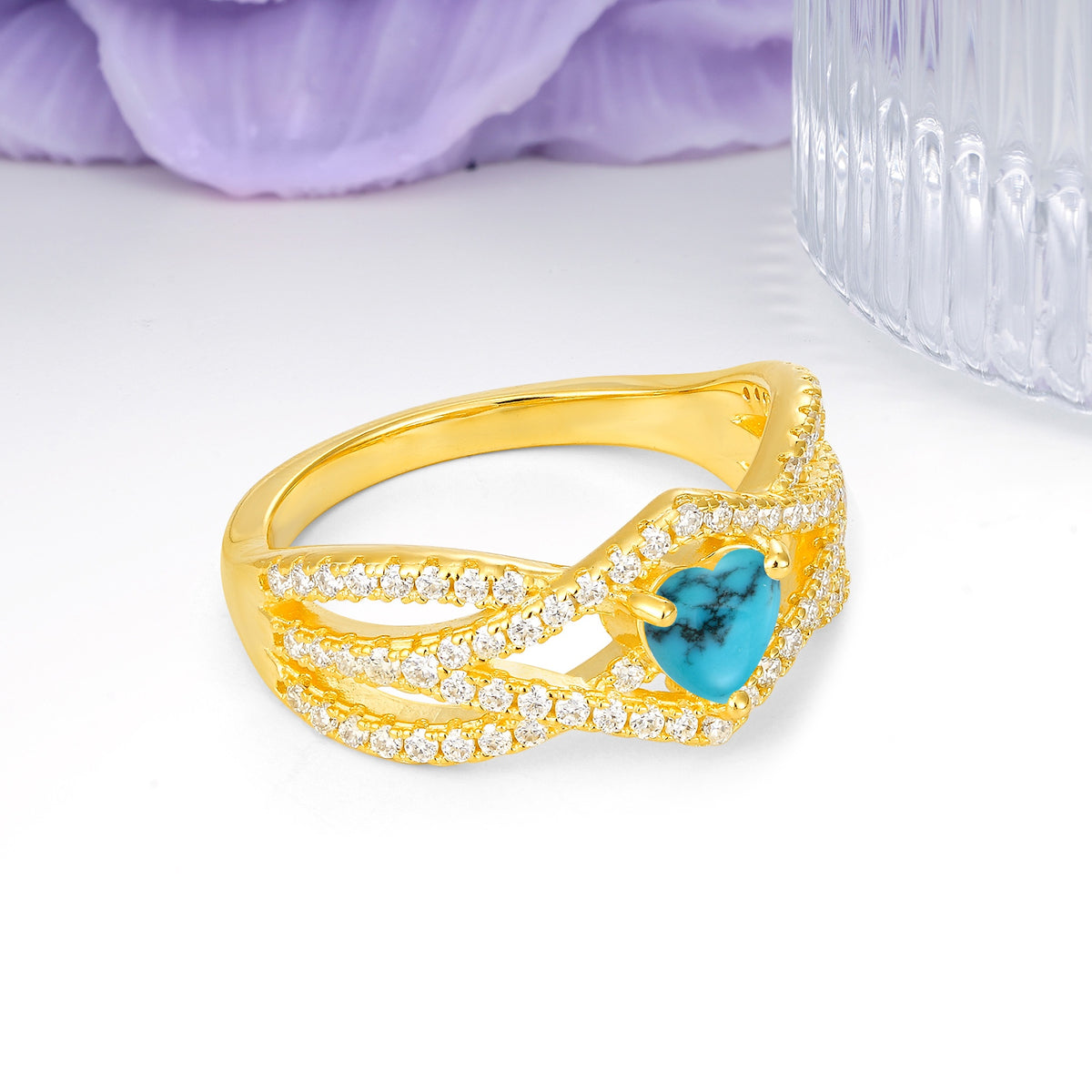 Unique Pavé Setting Surrounding a 3-Prong, Heart-Cut Turquoise Engagement Ring - Additional view