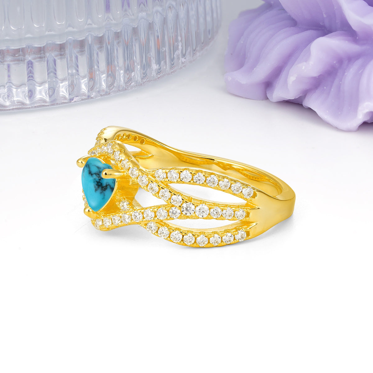 Unique Pavé Setting Surrounding a 3-Prong, Heart-Cut Turquoise Engagement Ring - Additional view