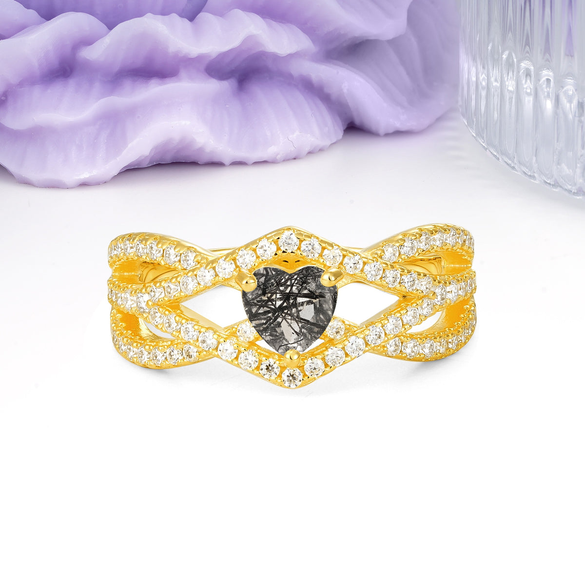 Unique Pavé Setting Surrounding a 3-Prong, Heart-Cut Black Rutilated Quartz Engagement Ring - Additional view