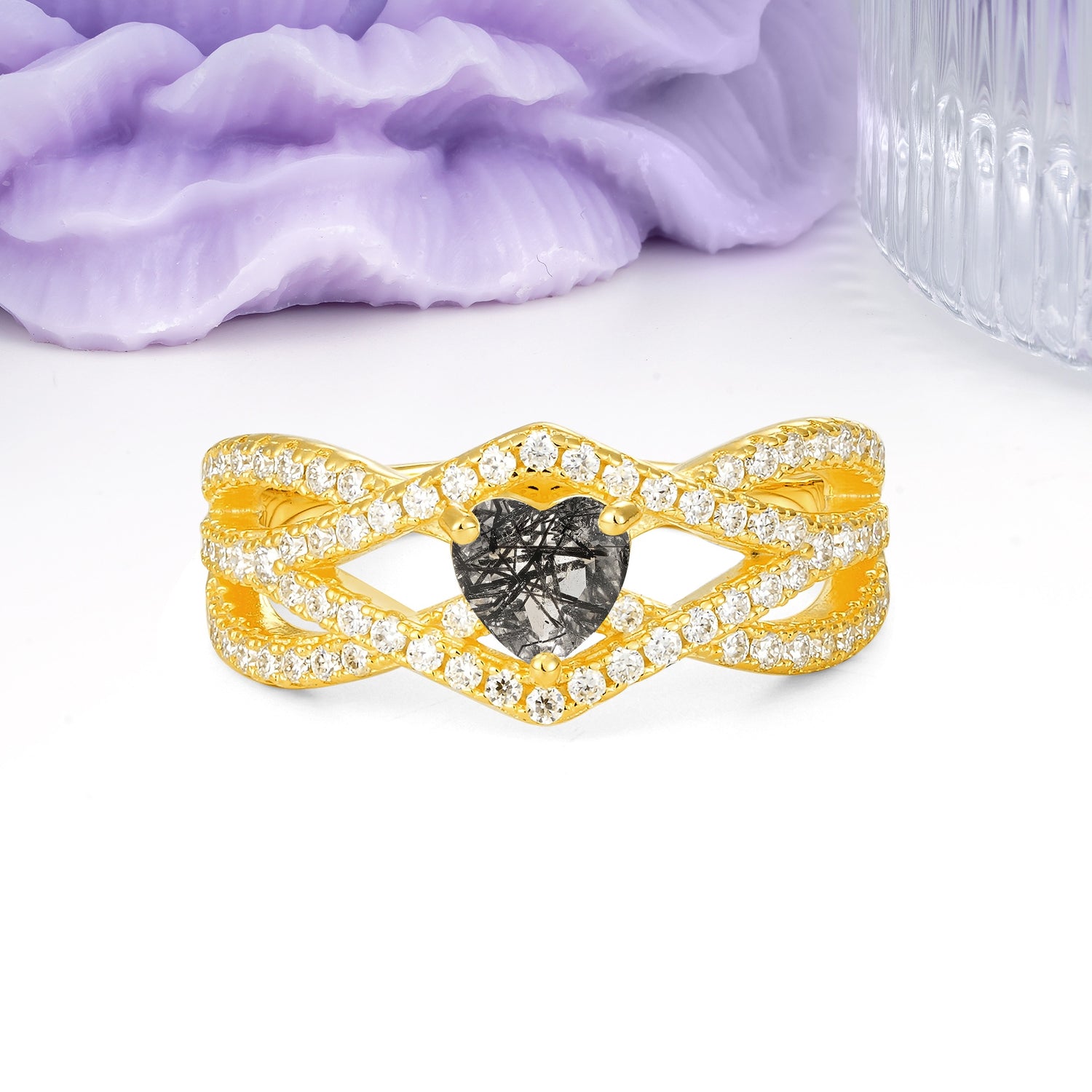 Unique Pavé Setting Surrounding a 3-Prong, Heart-Cut Black Rutilated Quartz Engagement Ring - Additional view