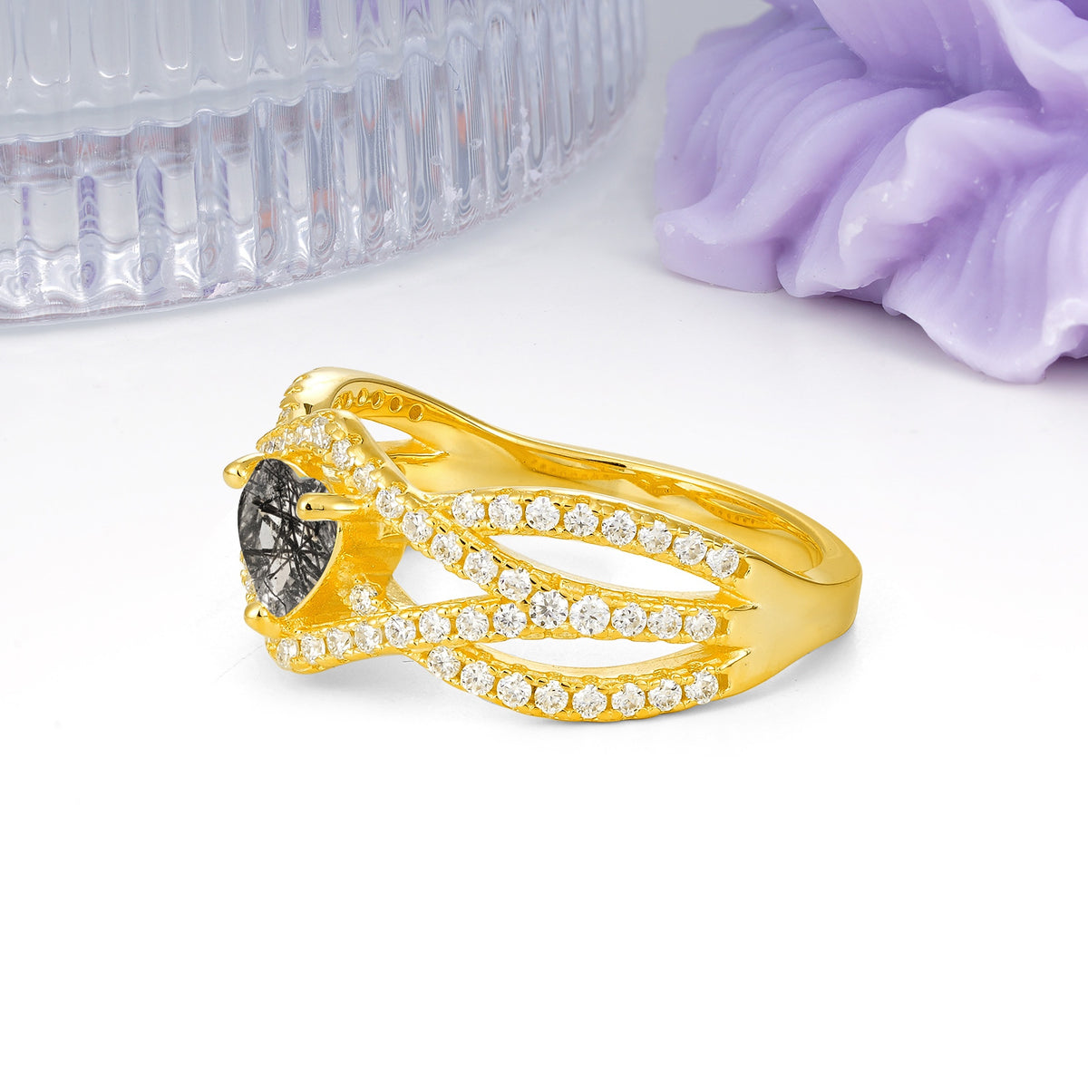 Unique Pavé Setting Surrounding a 3-Prong, Heart-Cut Black Rutilated Quartz Engagement Ring - Additional view