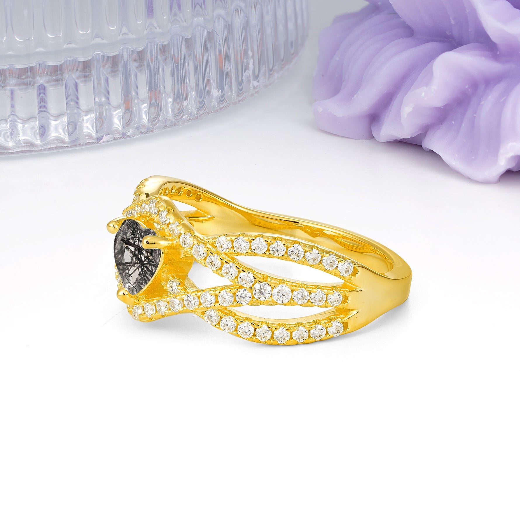 Unique Pavé Setting Surrounding a 3-Prong, Heart-Cut Black Rutilated Quartz Engagement Ring - Additional view