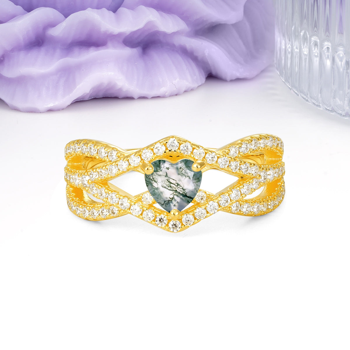 Unique Pavé Setting Surrounding a 3-Prong, Heart-Cut Moss Agate Engagement Ring - Additional view