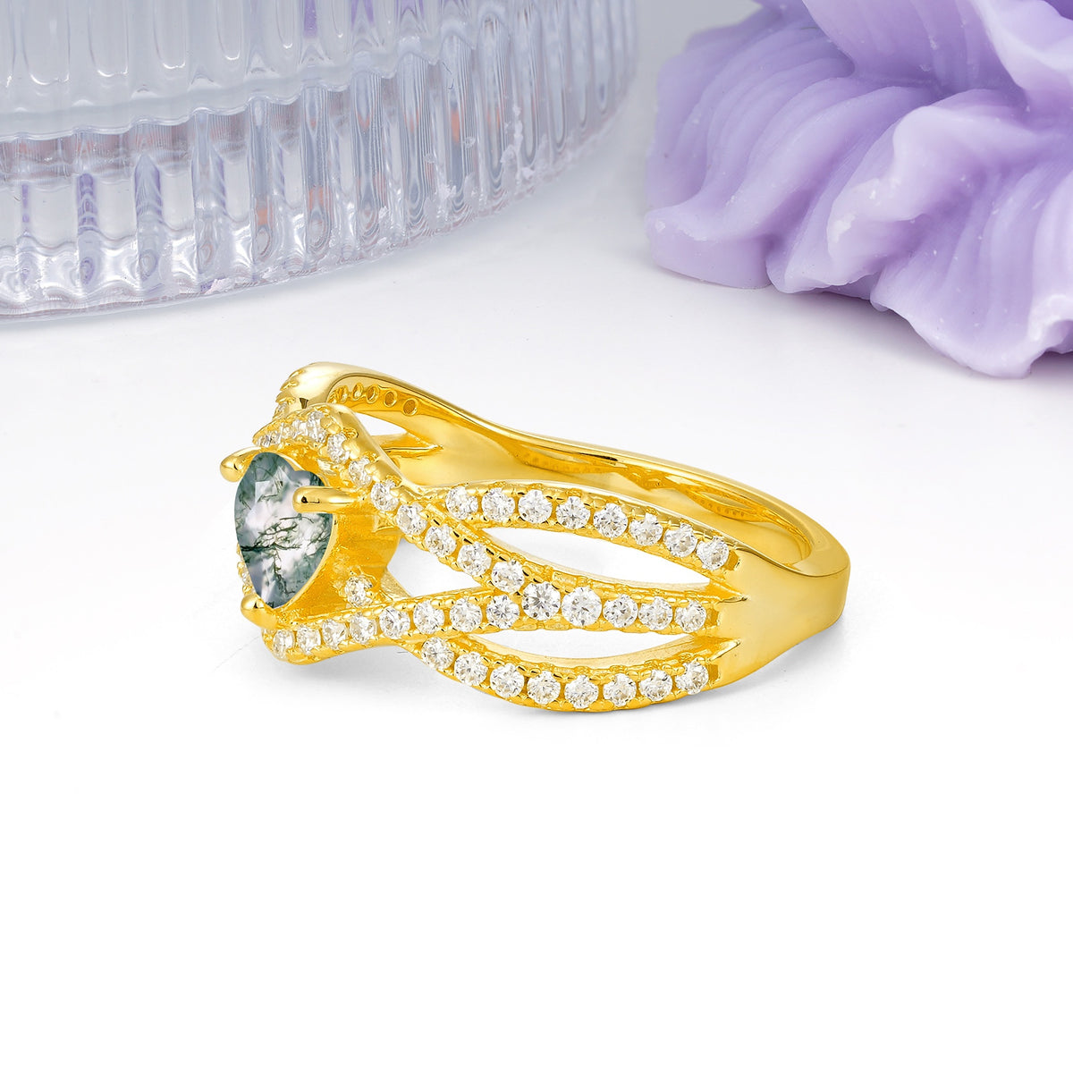 Unique Pavé Setting Surrounding a 3-Prong, Heart-Cut Moss Agate Engagement Ring - Additional view