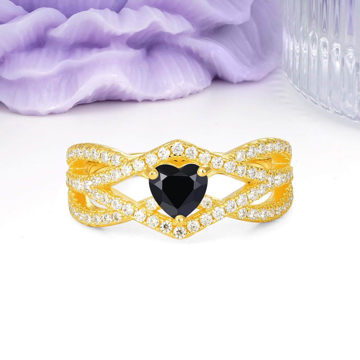 Unique Pavé Setting Surrounding a 3-Prong, Heart-Cut Black Onyx Engagement Ring - Additional view