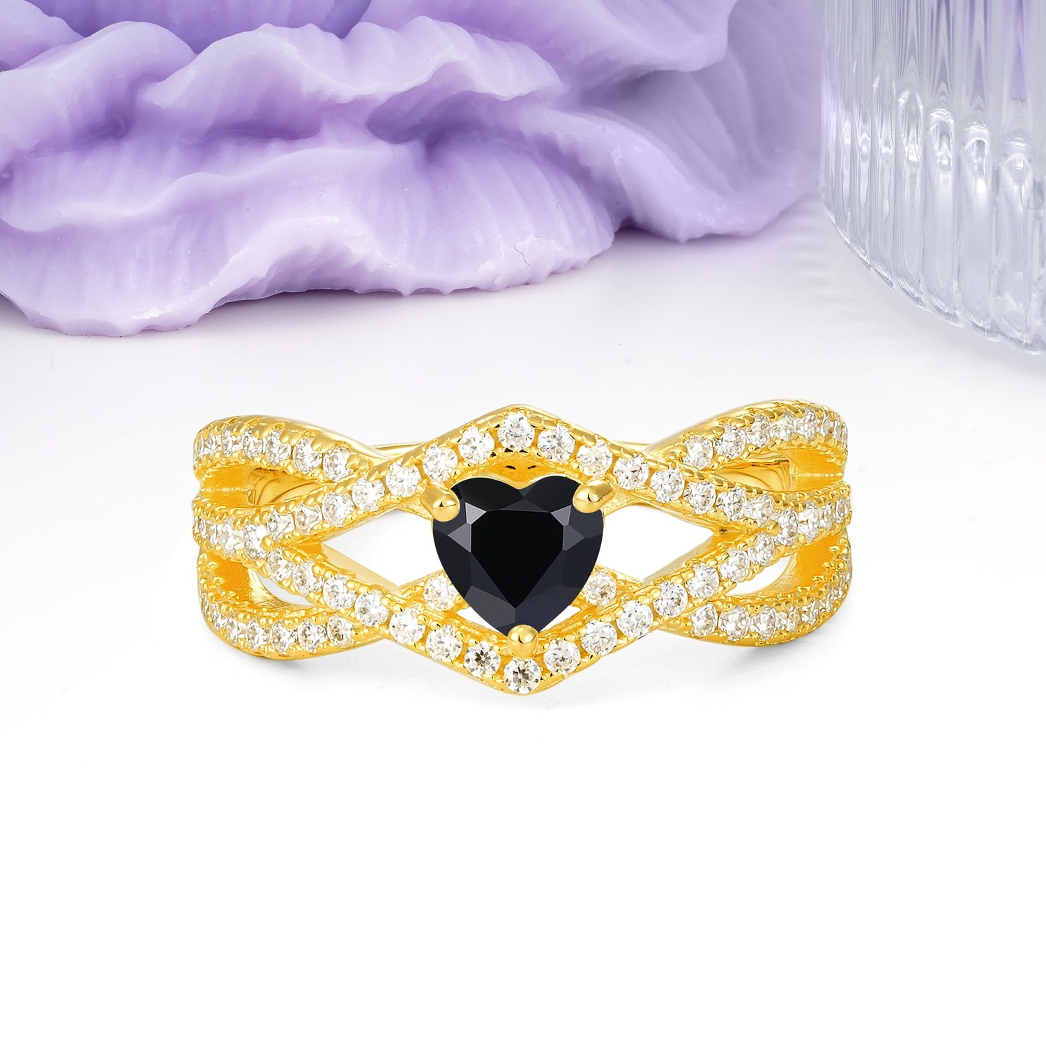 Unique Pavé Setting Surrounding a 3-Prong, Heart-Cut Black Onyx Engagement Ring - Additional view