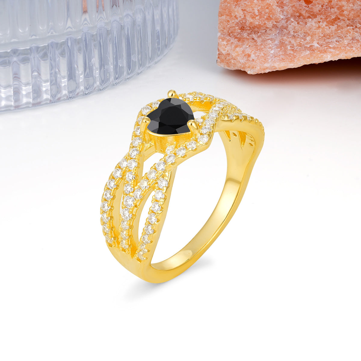 Unique Pavé Setting Surrounding a 3-Prong, Heart-Cut Black Onyx Engagement Ring - Additional view