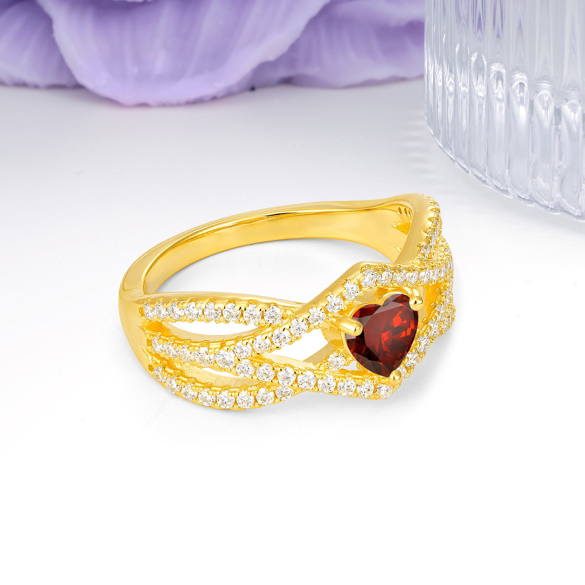 Unique Pavé Setting Surrounding a 3-Prong, Heart-Cut Garnet Engagement Ring - Additional view
