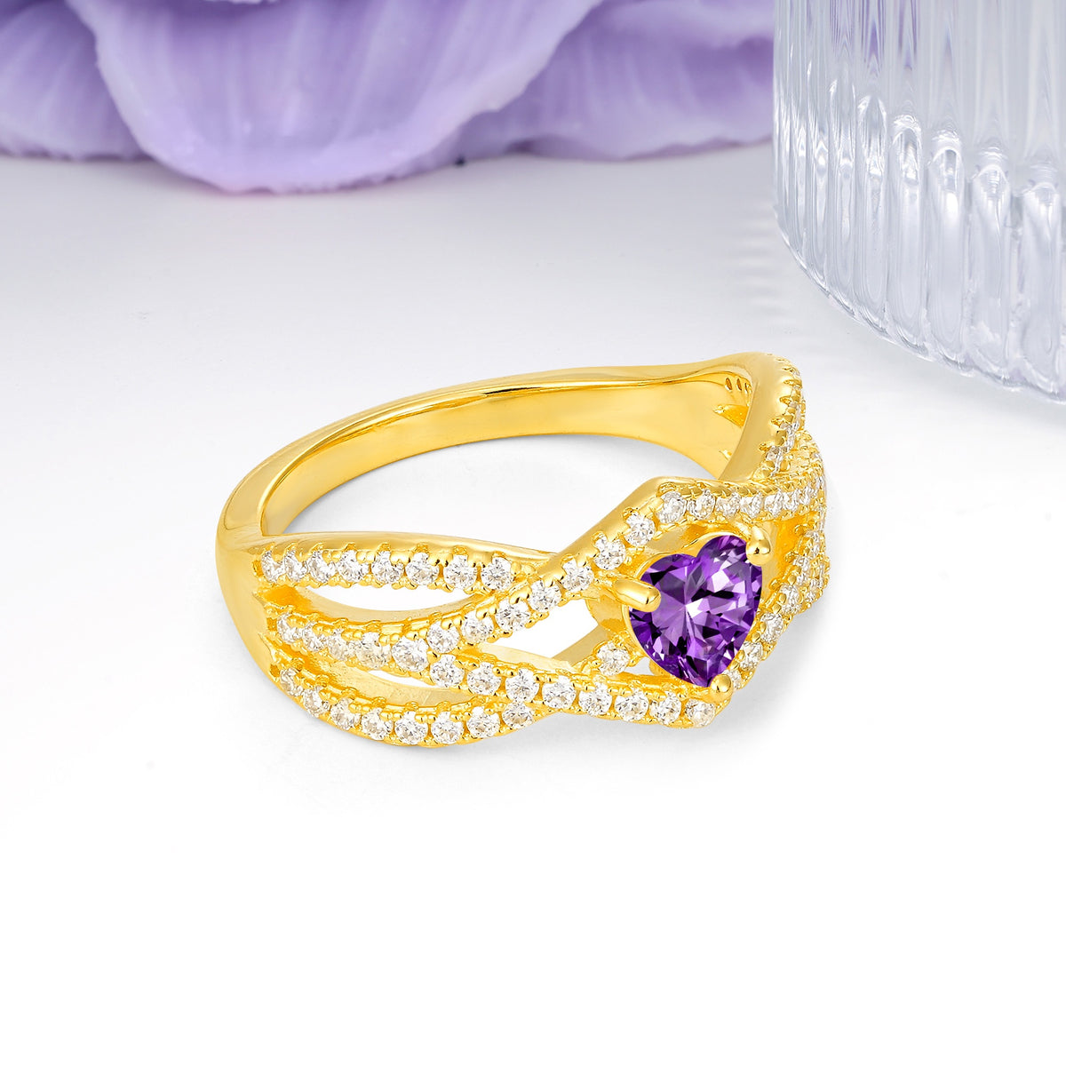 Unique Pavé Setting Surrounding a 3-Prong, Heart-Cut Amethyst Engagement Ring - Additional view