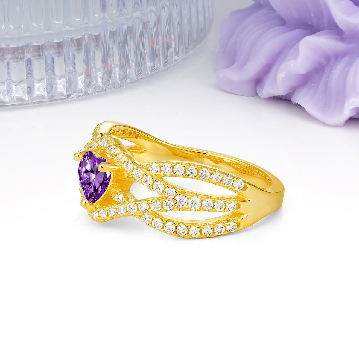 Unique Pavé Setting Surrounding a 3-Prong, Heart-Cut Amethyst Engagement Ring - Additional view