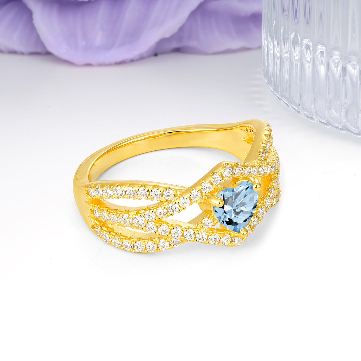 Unique Pavé Setting Surrounding a 3-Prong, Heart-Cut Aquamarine Engagement Ring - Additional view